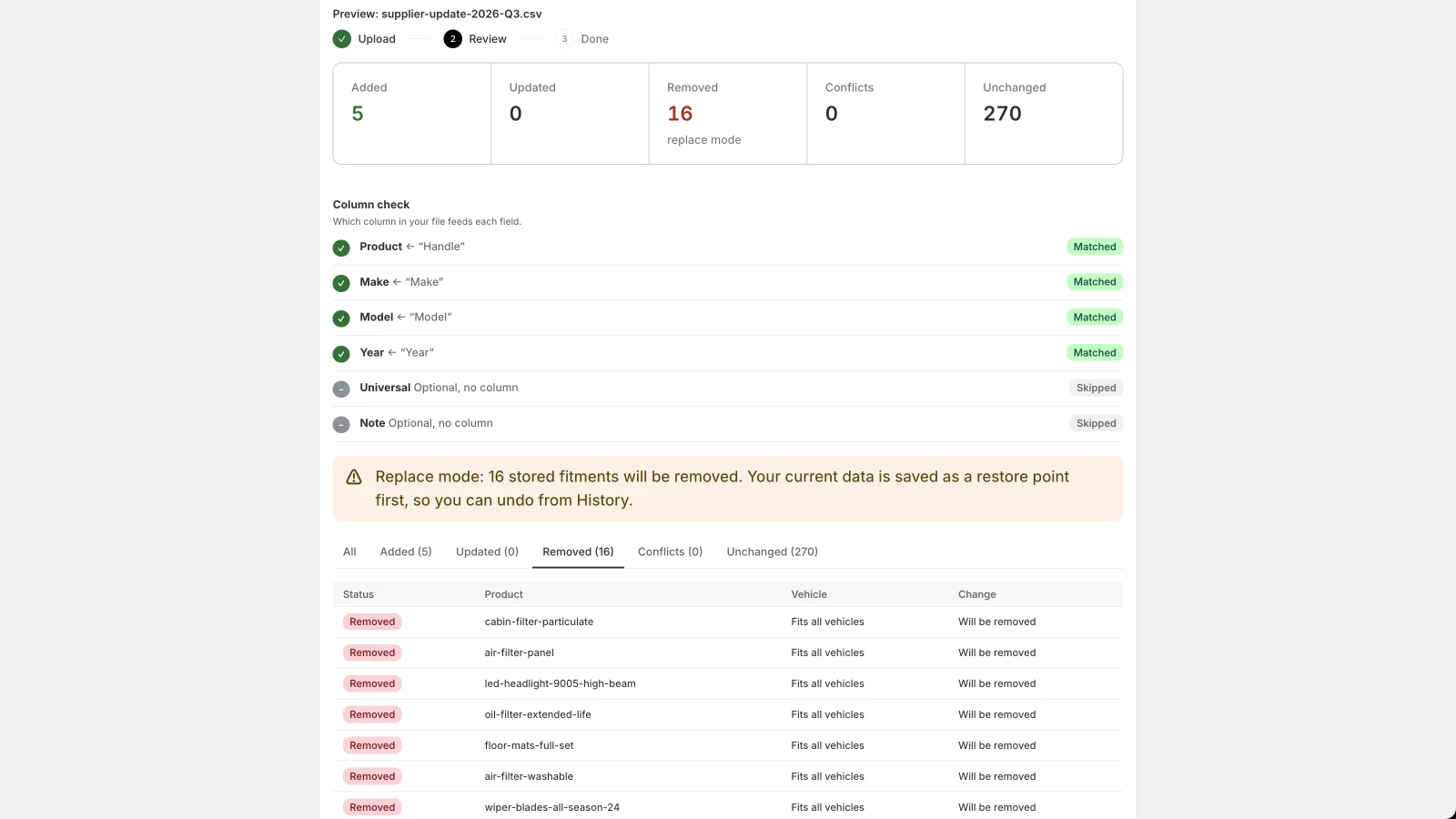 An import preview for a supplier CSV file. The counts show 5 added, 0 updated and 16 removed.